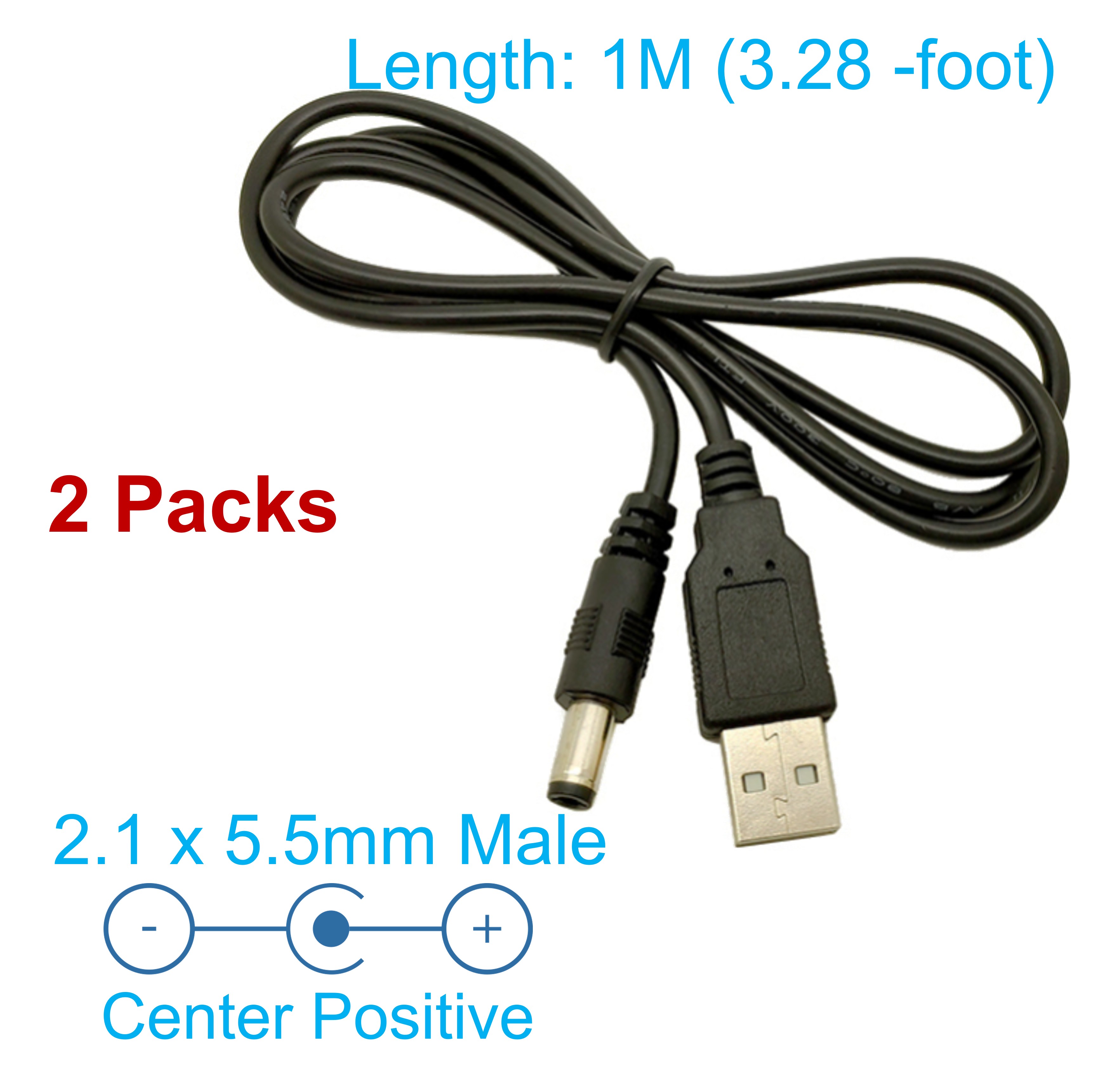 Diagram showing 1M cable length, 2.1 x 5.5mm male plug and centre positive polarity